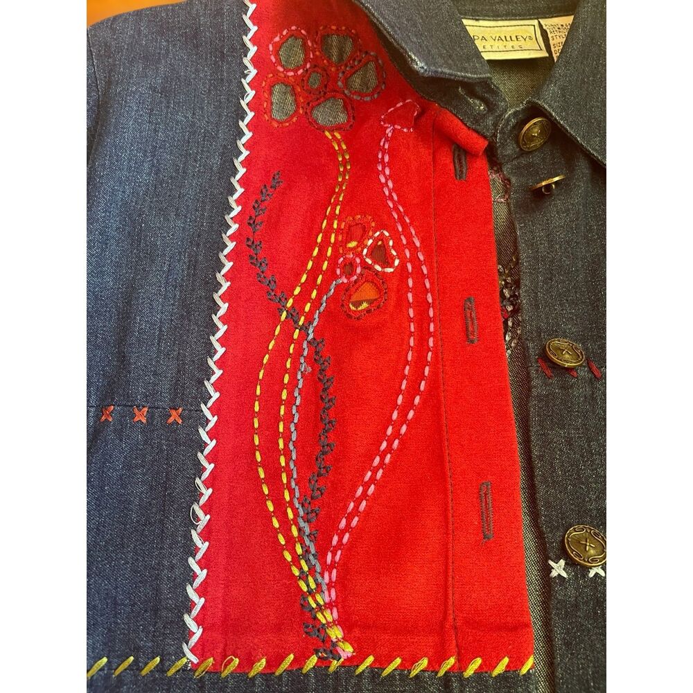 Patchwork Embroidered Denim Shirt Boho Folk Art Button Up Artsy Top Sz S Petite - Picture 13 of 15